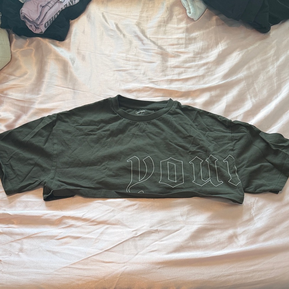 YoungLA Olive Green Cropped Graphic Tee with Outlined 'voui' Print